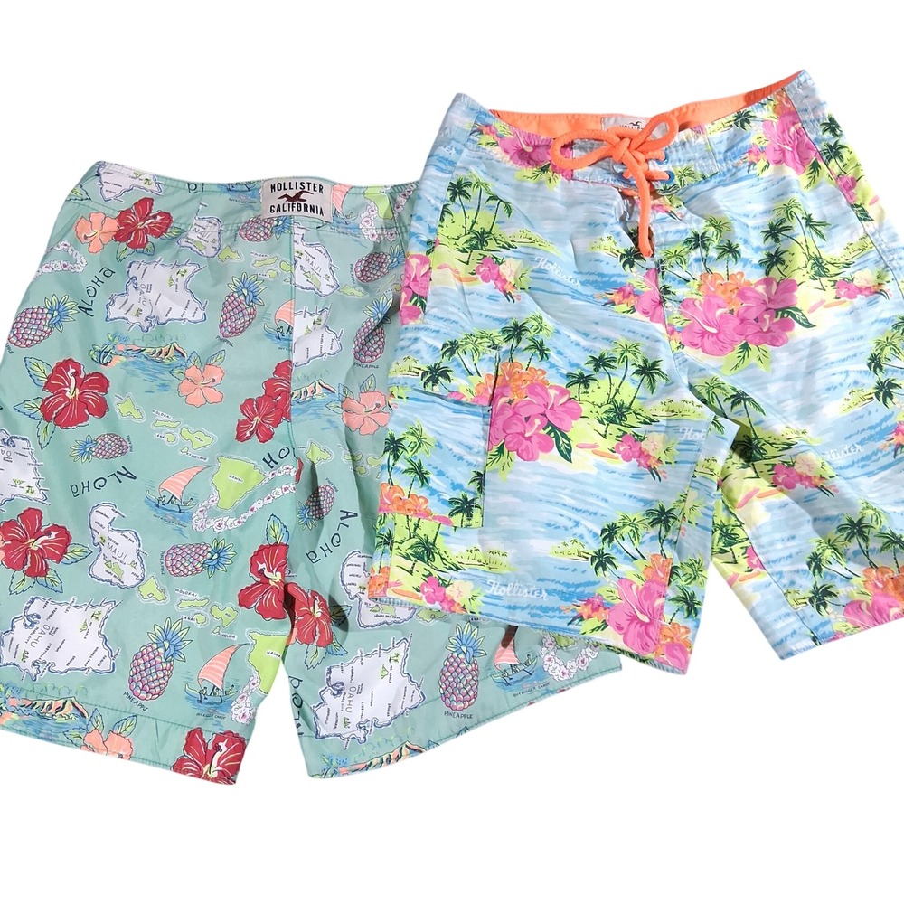 Hollister Men's Board Shorts Bundle 2 Pack Tropical Hawaii Floral Blue Green SM.
